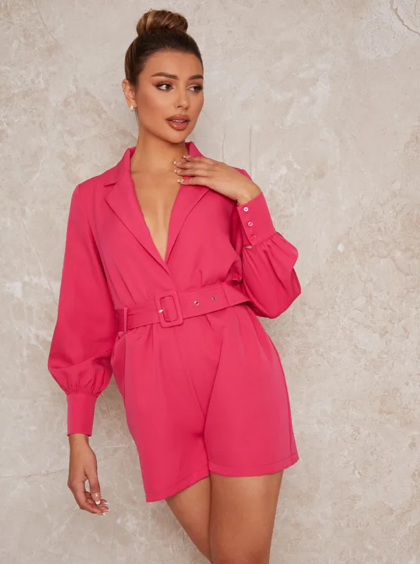 Tailored Long Sleeve Playsuit with Belt in Pink sold by Chi Chi London