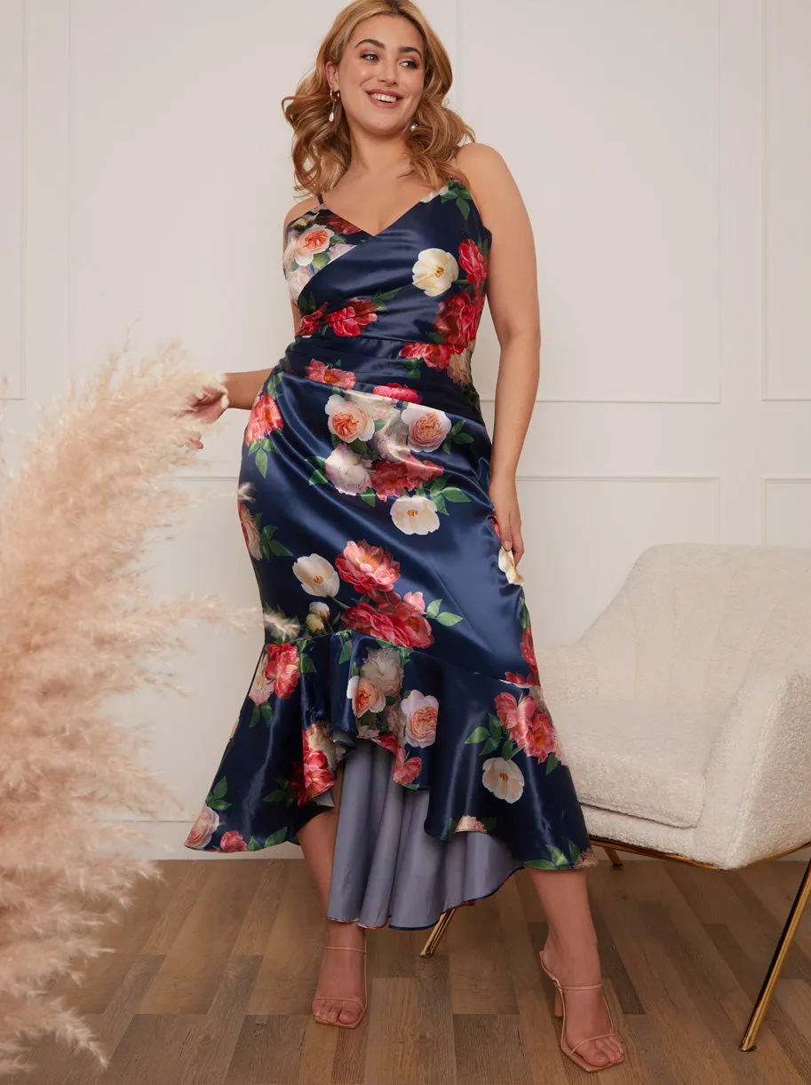 Plus Size Sleeveless Floral Print Ruffle Hem Midi Dress in Navy sold by Chi Chi London