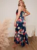 Plus Size Sleeveless Floral Print Ruffle Hem Midi Dress in Navy sold by Chi Chi London