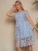 Bardot Lace Midi Crochet Dress in Blue sold by Chi Chi London