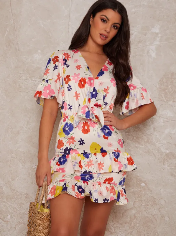 Floral Print Tie Front Mini Dress with Ruffles in Multi sold by Chi Chi London
