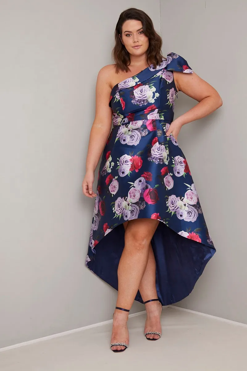 Plus Size Bow Detail Dip Hem Midi Dress in Blue sold by Chi Chi London
