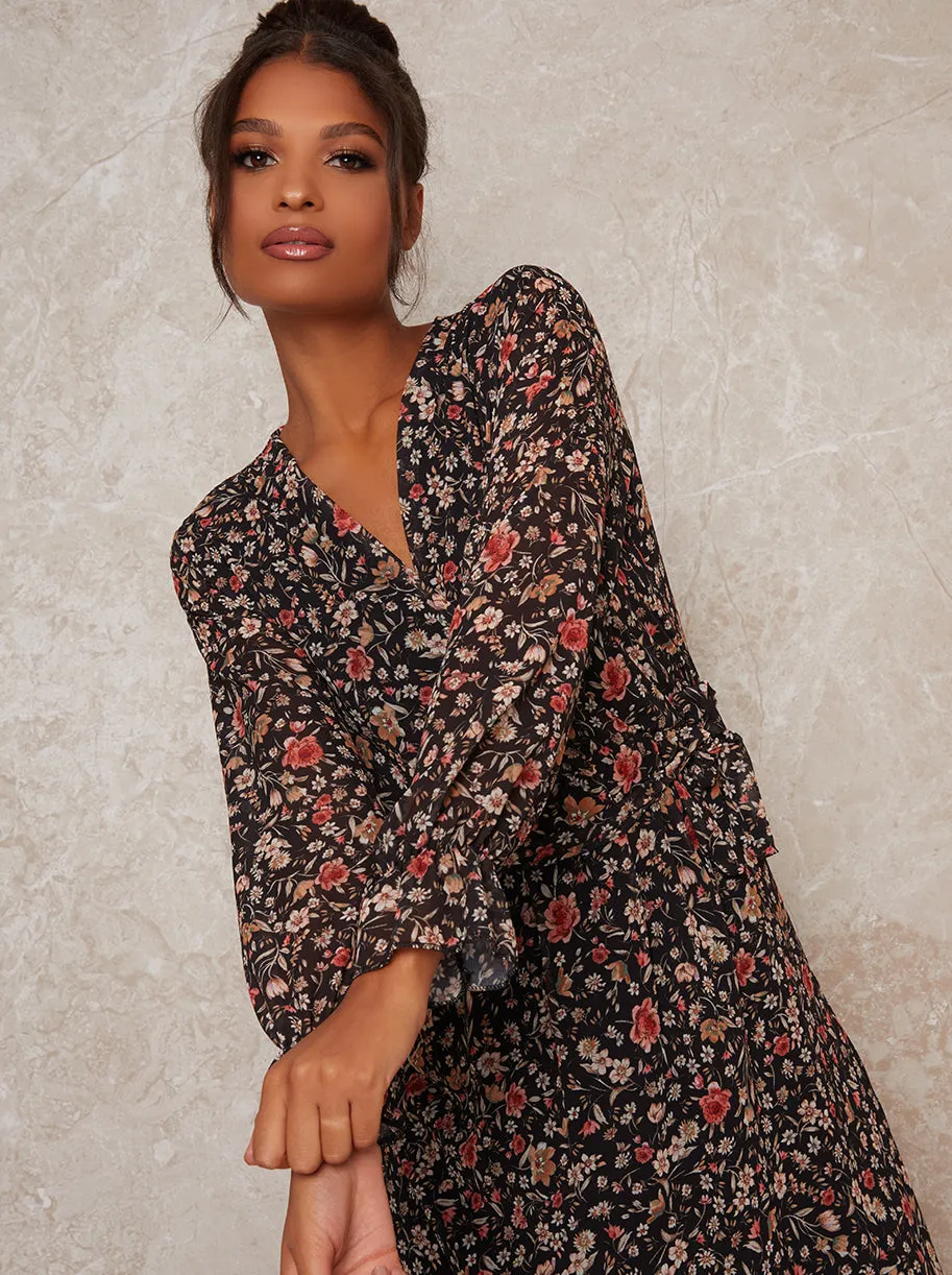 Long Sleeve Blouson Floral Ankle Maxi Lenth in Black sold by Chi Chi London product image thumbnail 2
