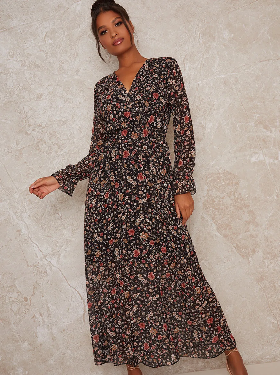 Long Sleeve Blouson Floral Ankle Maxi Lenth in Black sold by Chi Chi London product image thumbnail 3