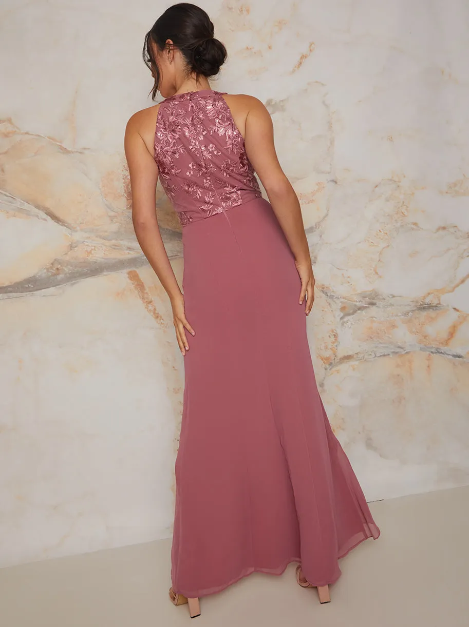 Halter Neck Embroidered Dip Hem Maxi Dress in Pink sold by Chi Chi London product image thumbnail 2