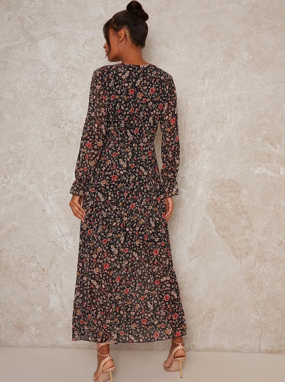 Long Sleeve Blouson Floral Ankle Maxi Lenth in Black sold by Chi Chi London product image thumbnail 4