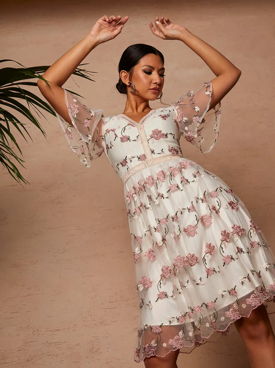 V Neck Floral Embroidered Lace Midi Dress in Pink sold by Chi Chi London product image thumbnail 5