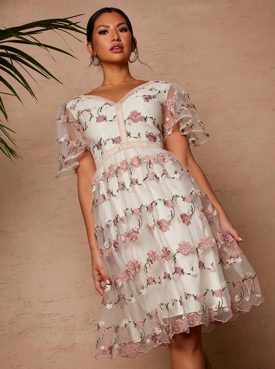 V Neck Floral Embroidered Lace Midi Dress in Pink sold by Chi Chi London product image thumbnail 4