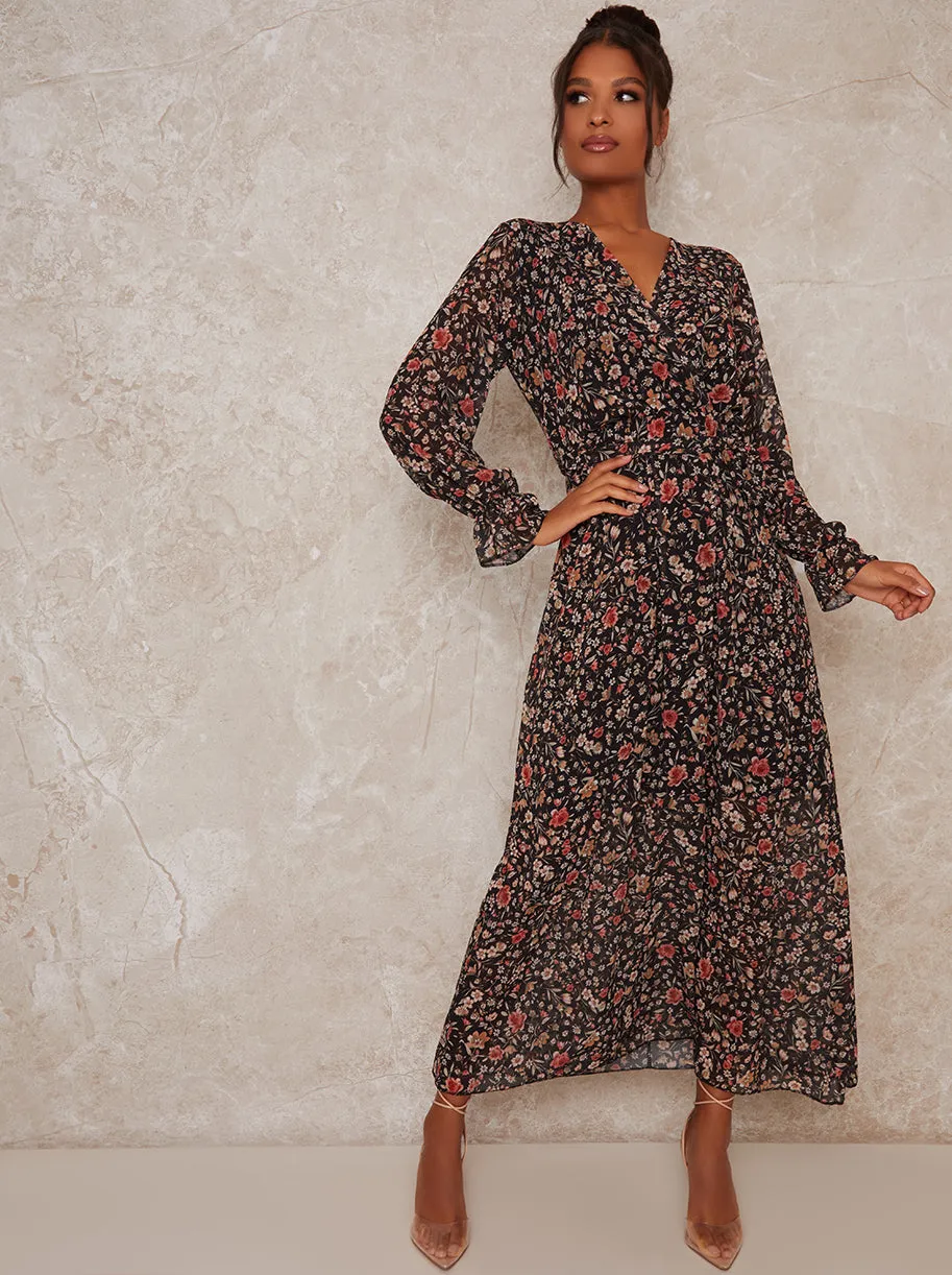 Long Sleeve Blouson Floral Ankle Maxi Lenth in Black sold by Chi Chi London