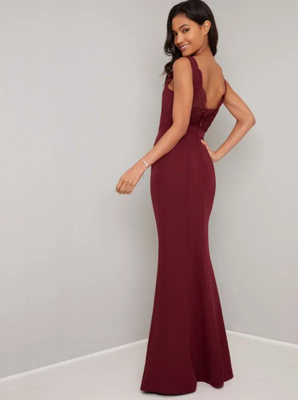 Open Back Lace Detail Bodycon Maxi Dress in Red sold by Chi Chi London