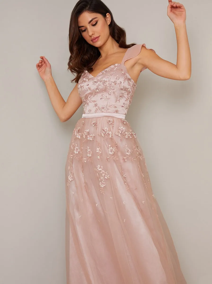 Embroidered V Neck Chiffon Sleeve Maxi Dress in Pink sold by Chi Chi London product image thumbnail 3