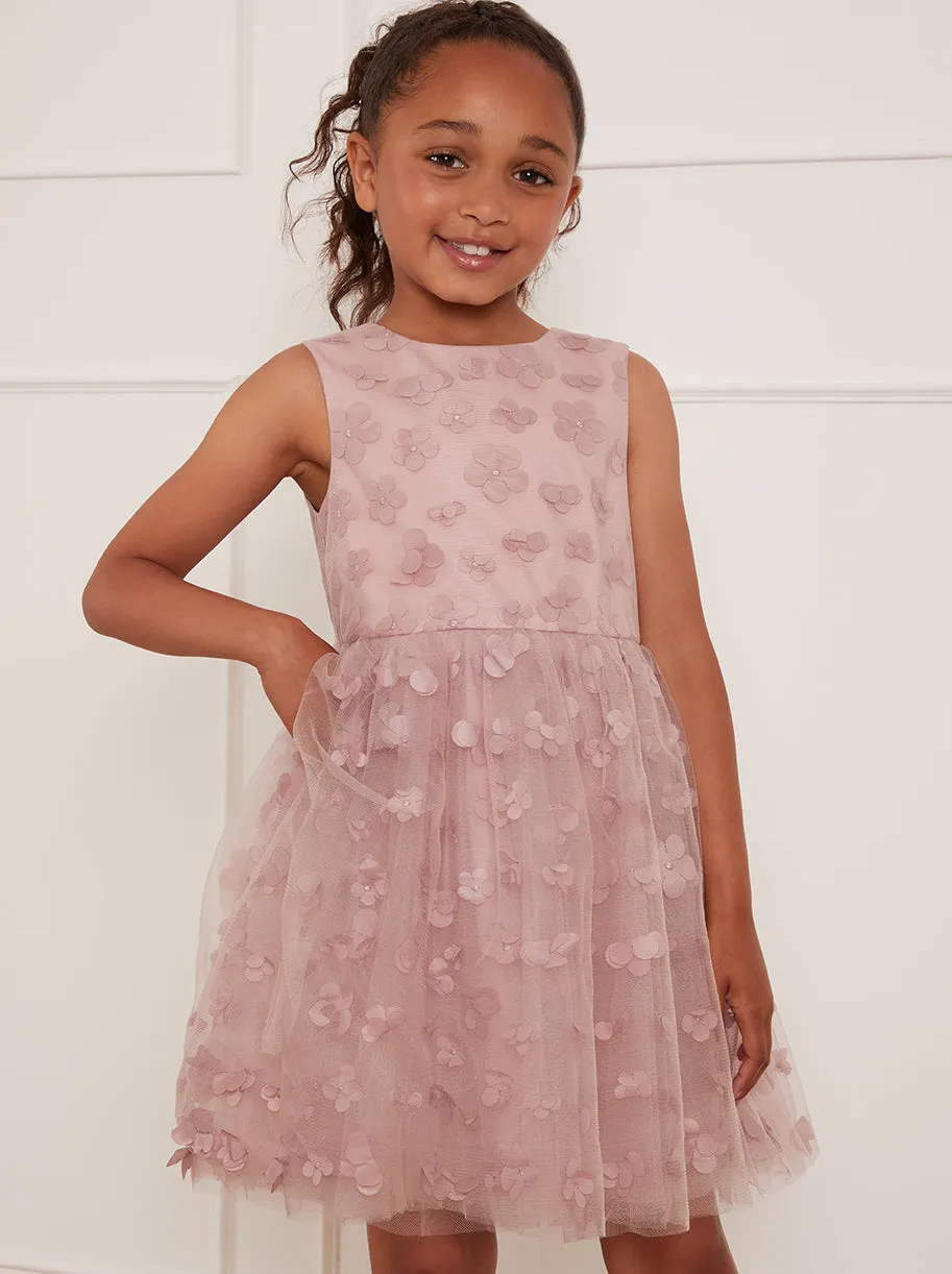 Younger Girls Floral Embroidered Midi Dress in Pink sold by Chi Chi London