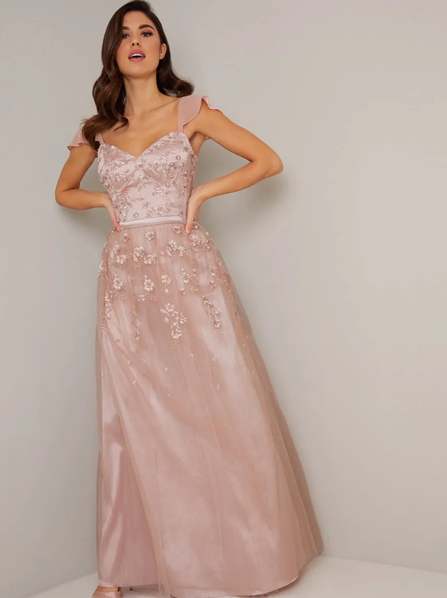 Embroidered V Neck Chiffon Sleeve Maxi Dress in Pink sold by Chi Chi London