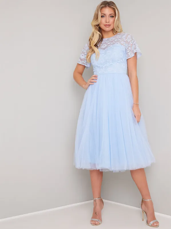 Lace Cap Sleeved Tulle Midi Dress In Blue sold by Chi Chi London