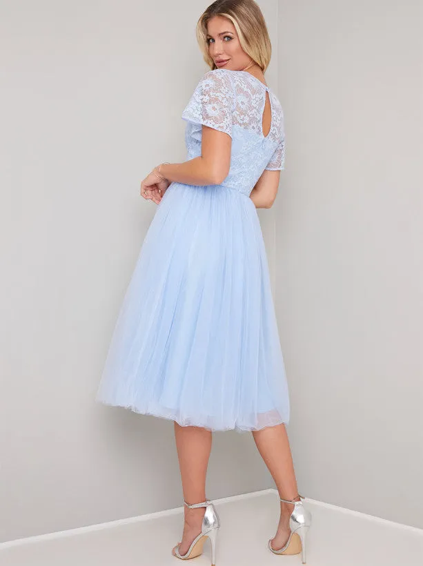Lace Cap Sleeved Tulle Midi Dress In Blue sold by Chi Chi London product image thumbnail 2