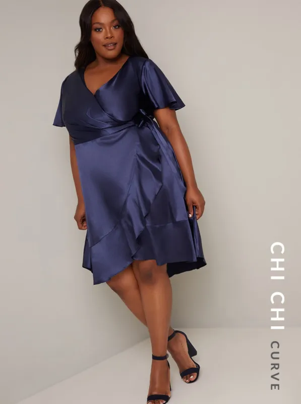 Plus Size Wrap Style Silky Frill Midi Dress in Blue sold by Chi Chi London