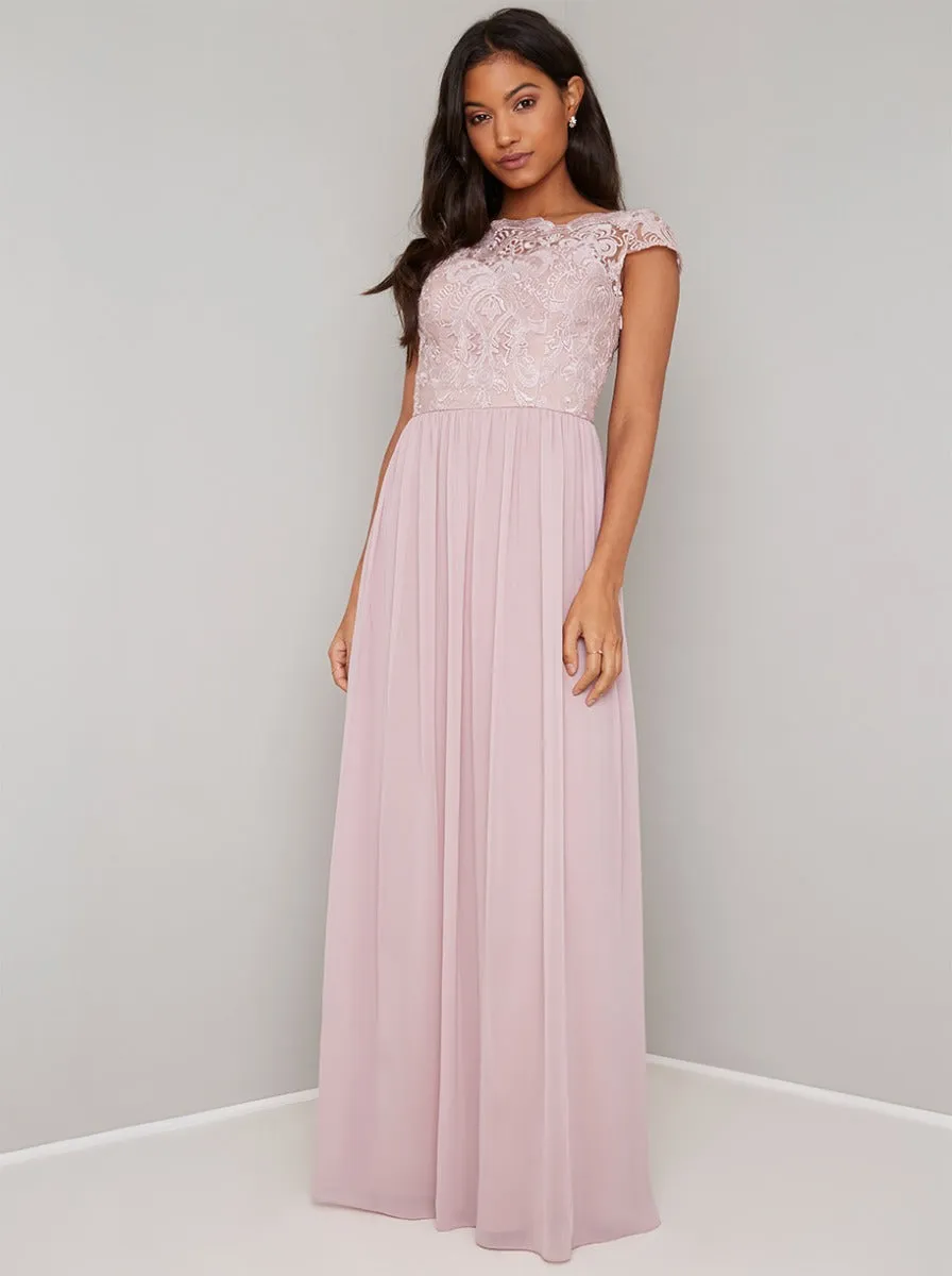 Lace Bodice Cap Sleeved Maxi Dress in Pink sold by Chi Chi London