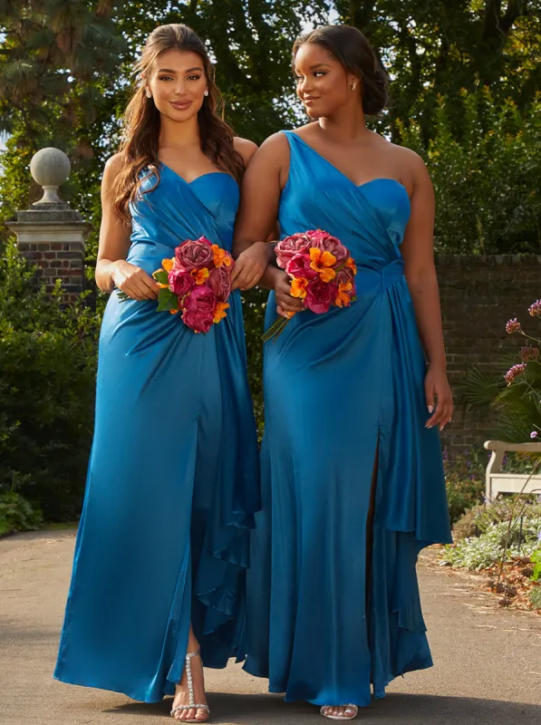Plus Size One Shoulder Satin Finish Maxi Dress in Blue sold by Chi Chi London