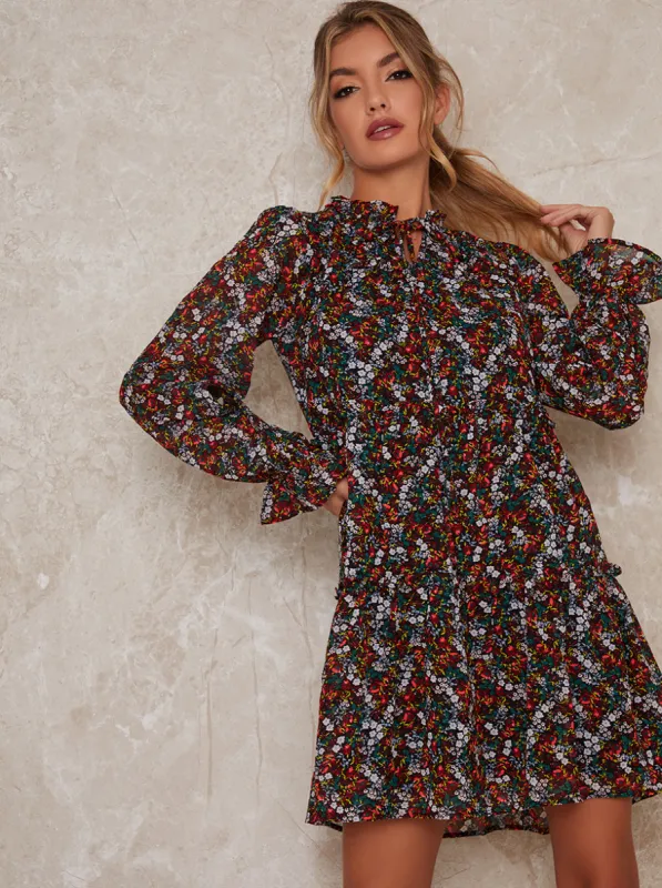 High Neck Long Sleeve Mini Dress in Black sold by Chi Chi London