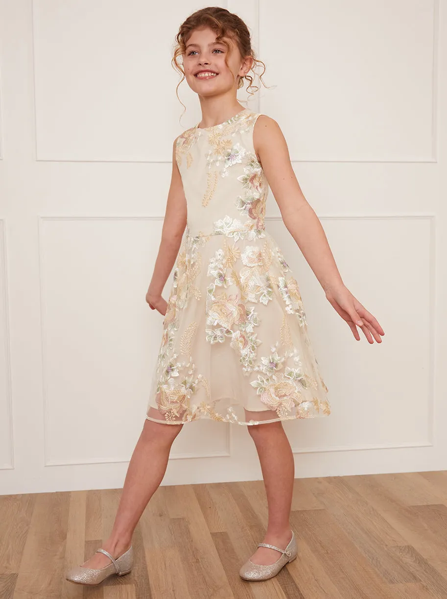 Older Girls Sleeveless Floral Embroidered Midi Dress in Cream sold by Chi Chi London