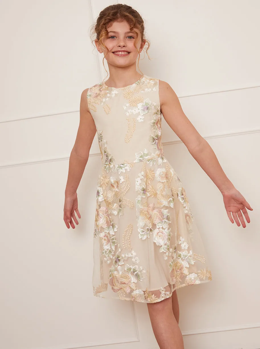 Older Girls Sleeveless Floral Embroidered Midi Dress in Cream sold by Chi Chi London product image thumbnail 3