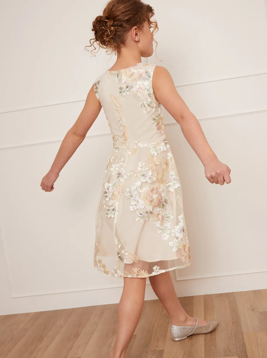 Older Girls Sleeveless Floral Embroidered Midi Dress in Cream sold by Chi Chi London product image thumbnail 2