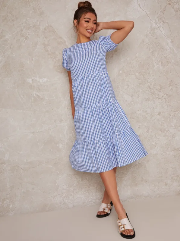 Gingham Midi Day Dress with Shirred Bodice in Blue sold by Chi Chi London
