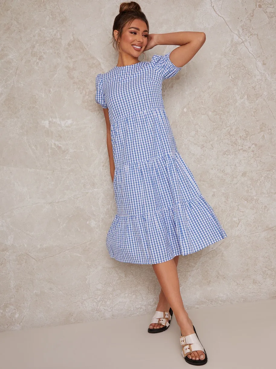 Gingham Midi Day Dress with Shirred Bodice in Blue sold by Chi Chi London