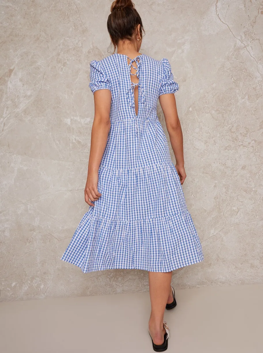 Gingham Midi Day Dress with Shirred Bodice in Blue sold by Chi Chi London product image thumbnail 3