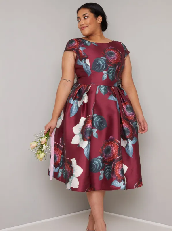 Plus Size Boat Neck Floral Skater Dress in Burgundy sold by Chi Chi London