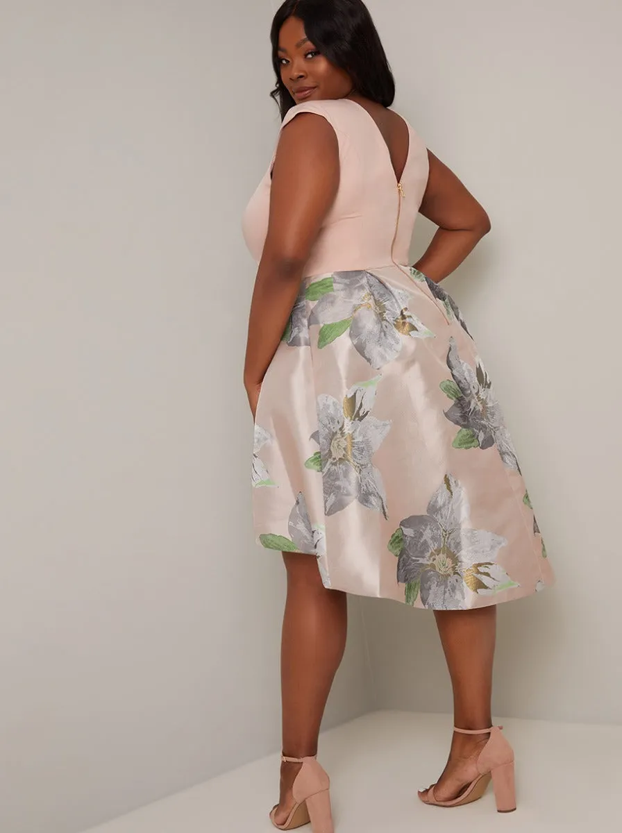 Plus Size Floral Print Jacquard Design Dip Hem Dress in Pink sold by Chi Chi London product image thumbnail 4