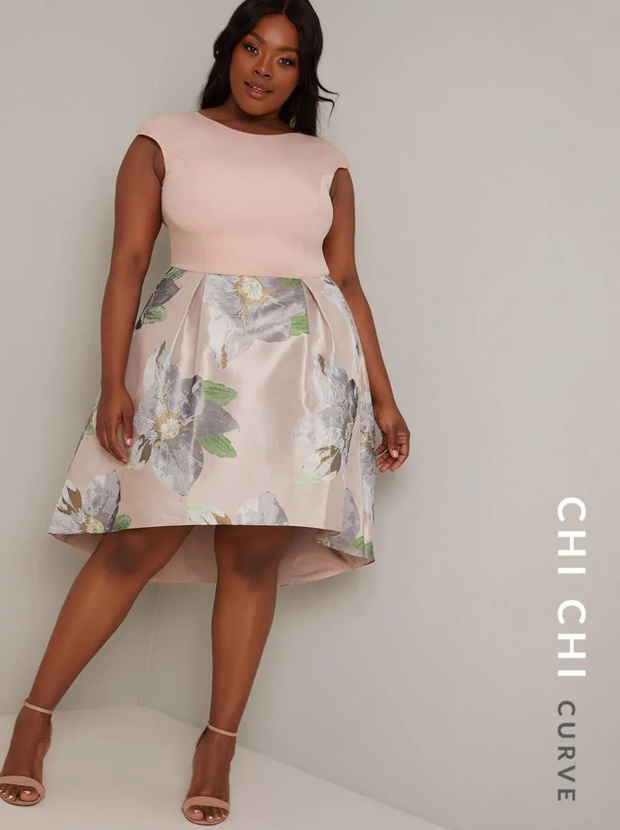 Plus Size Floral Print Jacquard Design Dip Hem Dress in Pink sold by Chi Chi London product image thumbnail 2