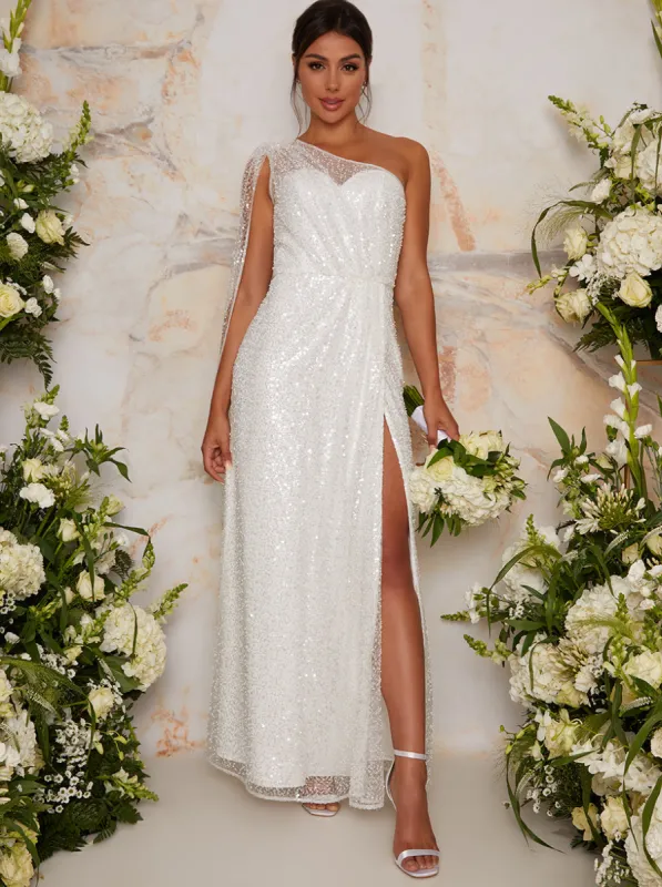 Bridal One Shoulder Sequin Maxi Dress In White sold by Chi Chi London