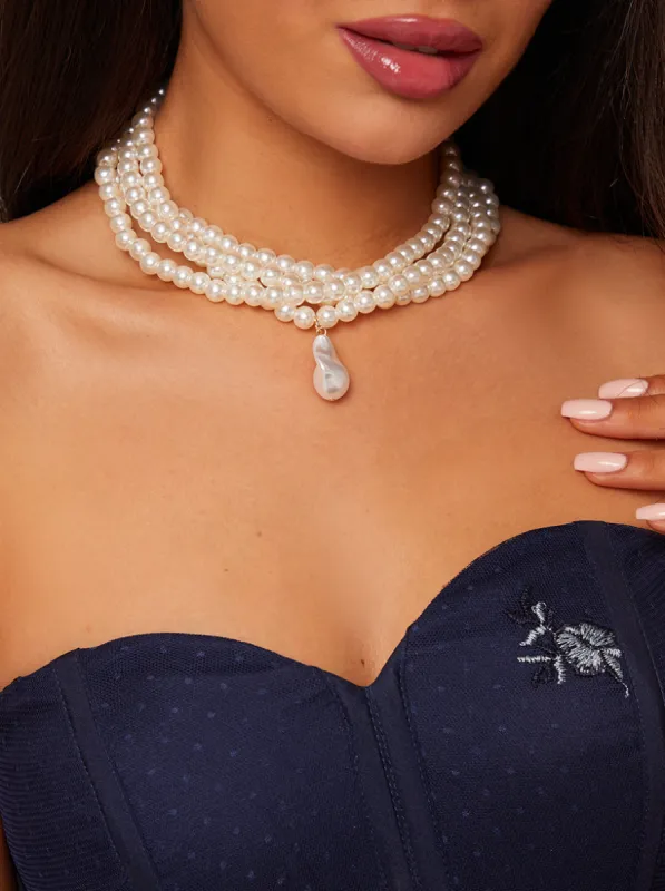 Faux Pearl Layered Necklace in White sold by Chi Chi London
