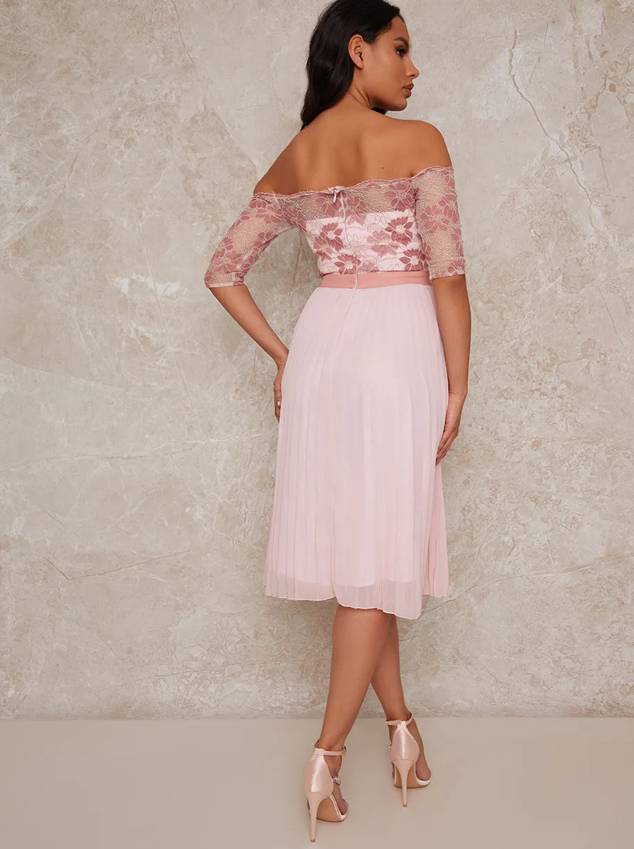 Bardot Sheer Lace Overlay Pleated Midi Dress in Pink sold by Chi Chi London product image thumbnail 3