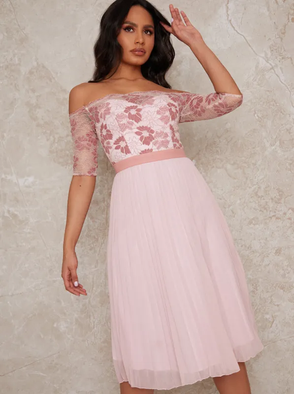 Bardot Sheer Lace Overlay Pleated Midi Dress in Pink sold by Chi Chi London