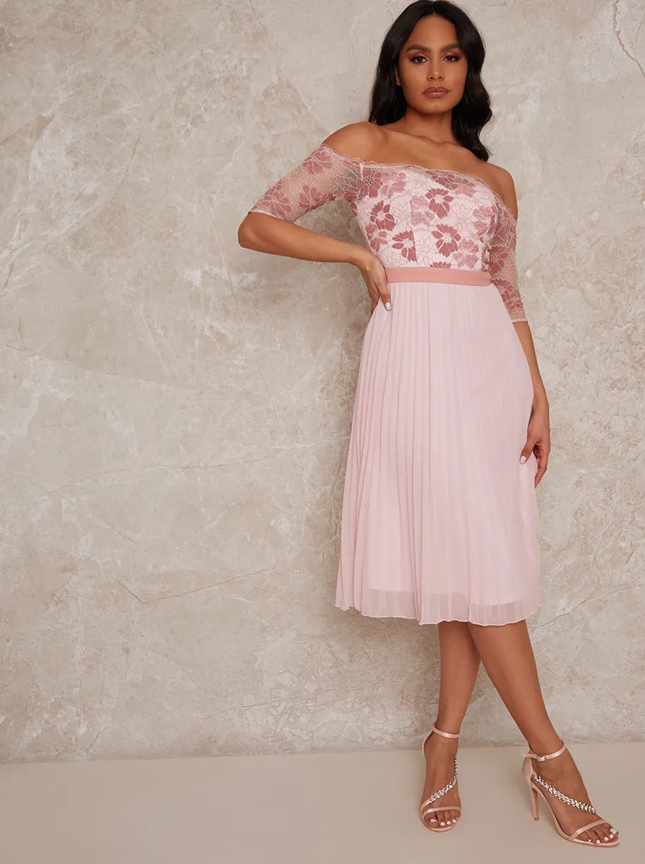 Bardot Sheer Lace Overlay Pleated Midi Dress in Pink sold by Chi Chi London product image thumbnail 2