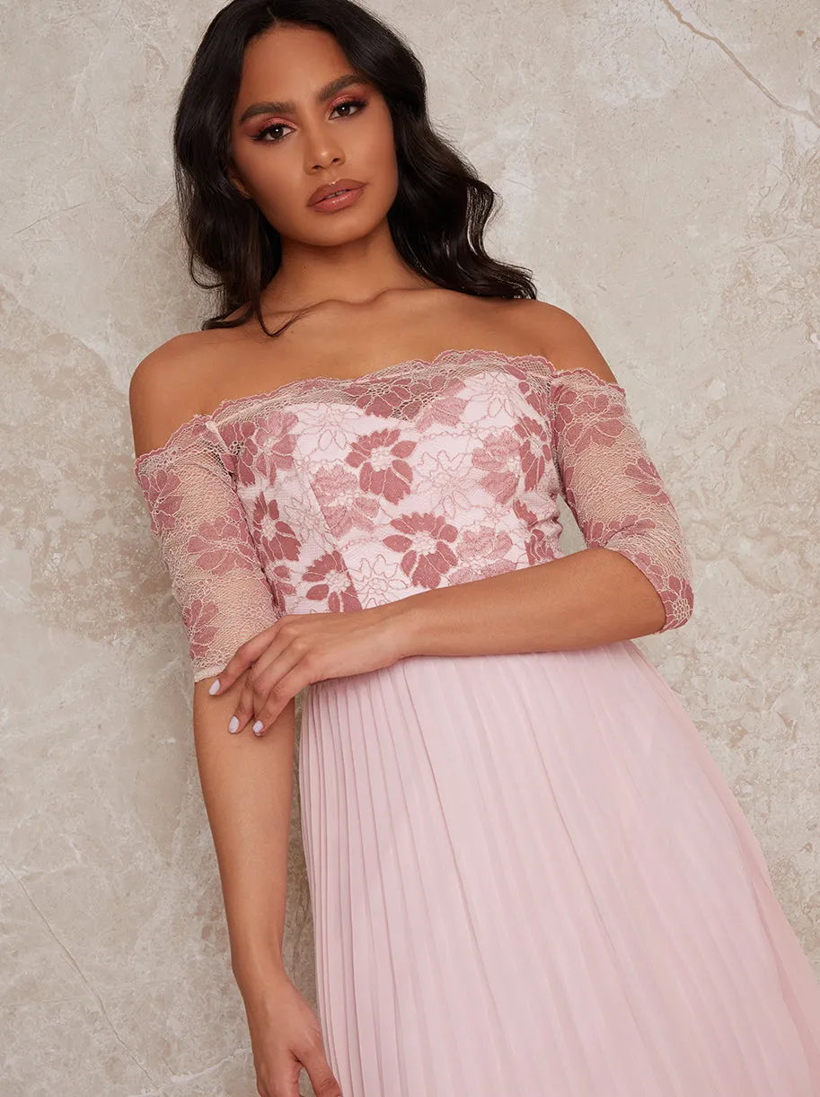 Bardot Sheer Lace Overlay Pleated Midi Dress in Pink sold by Chi Chi London product image thumbnail 4