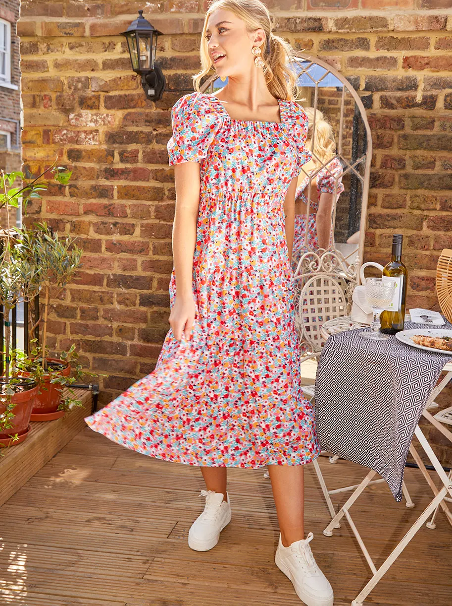 Cross Back Puff Sleeve Floral Midi Dress in Red sold by Chi Chi London product image thumbnail 4