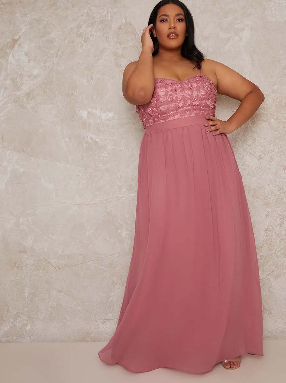 Plus Size Cami Strap 3D Floral Bodice Maxi Dress in Pink sold by Chi Chi London