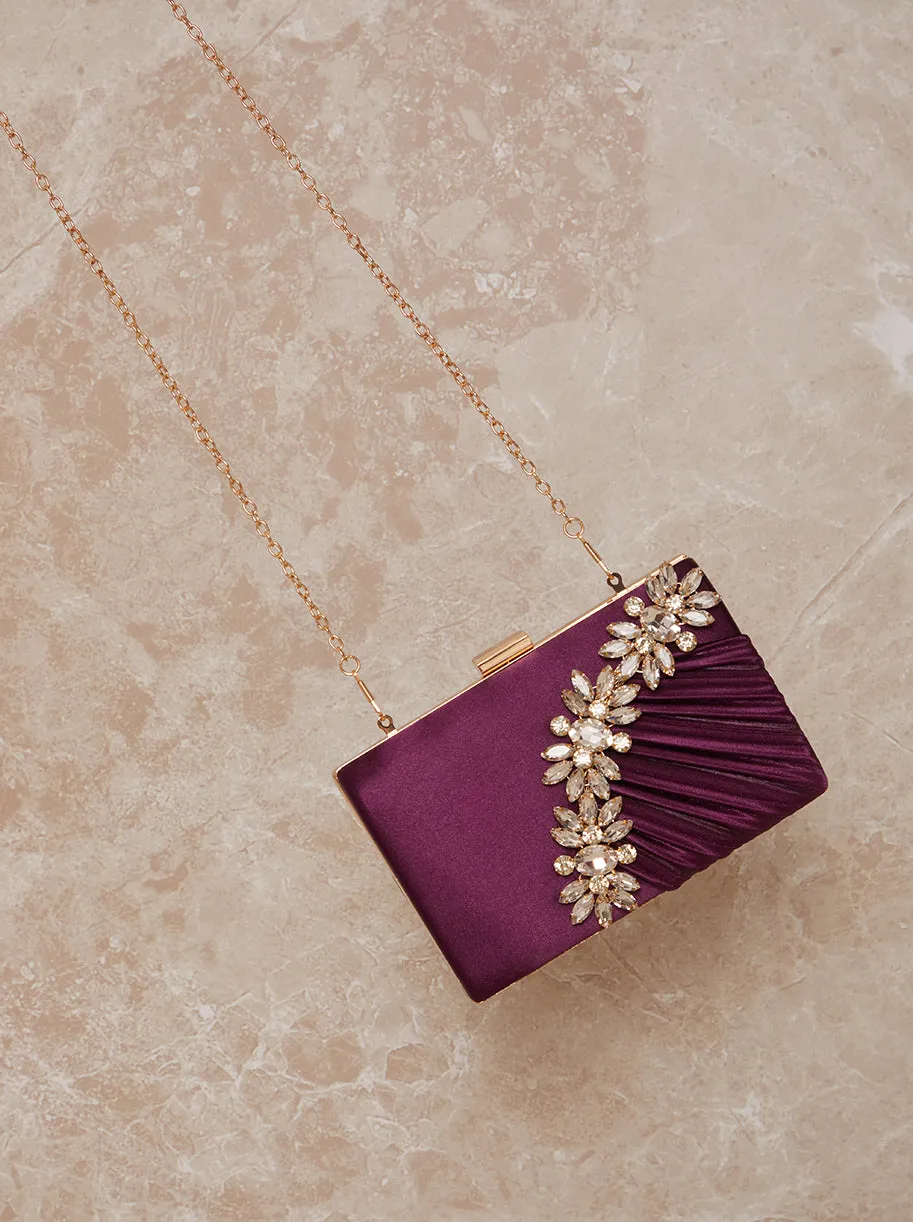 Embellished Pleated Satin Clutch Bag in Berry sold by Chi Chi London