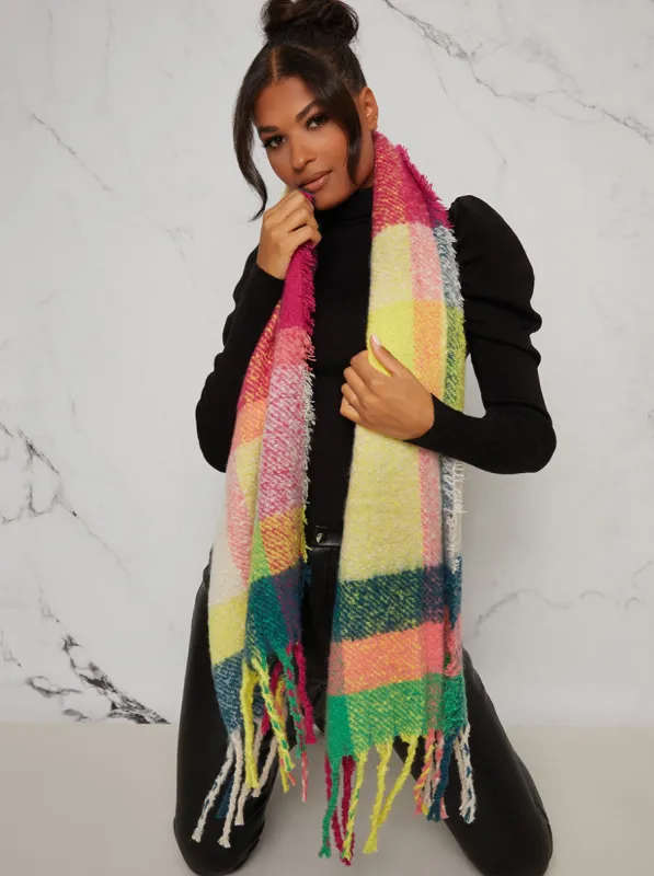 Fringe Detail Check Print Scarf in Multi sold by Chi Chi London