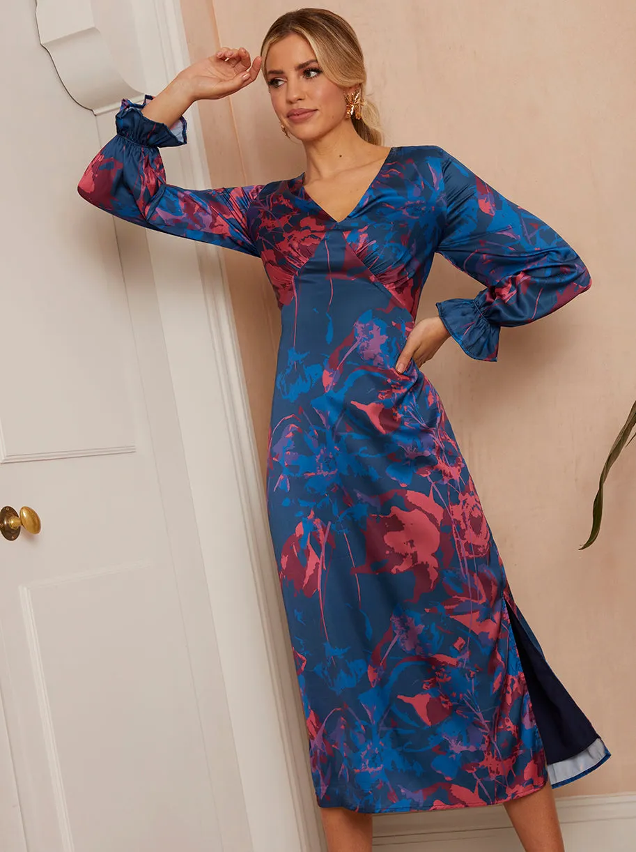 Long Sleeve V Neck Floral Print Dress in Navy sold by Chi Chi London product image thumbnail 4