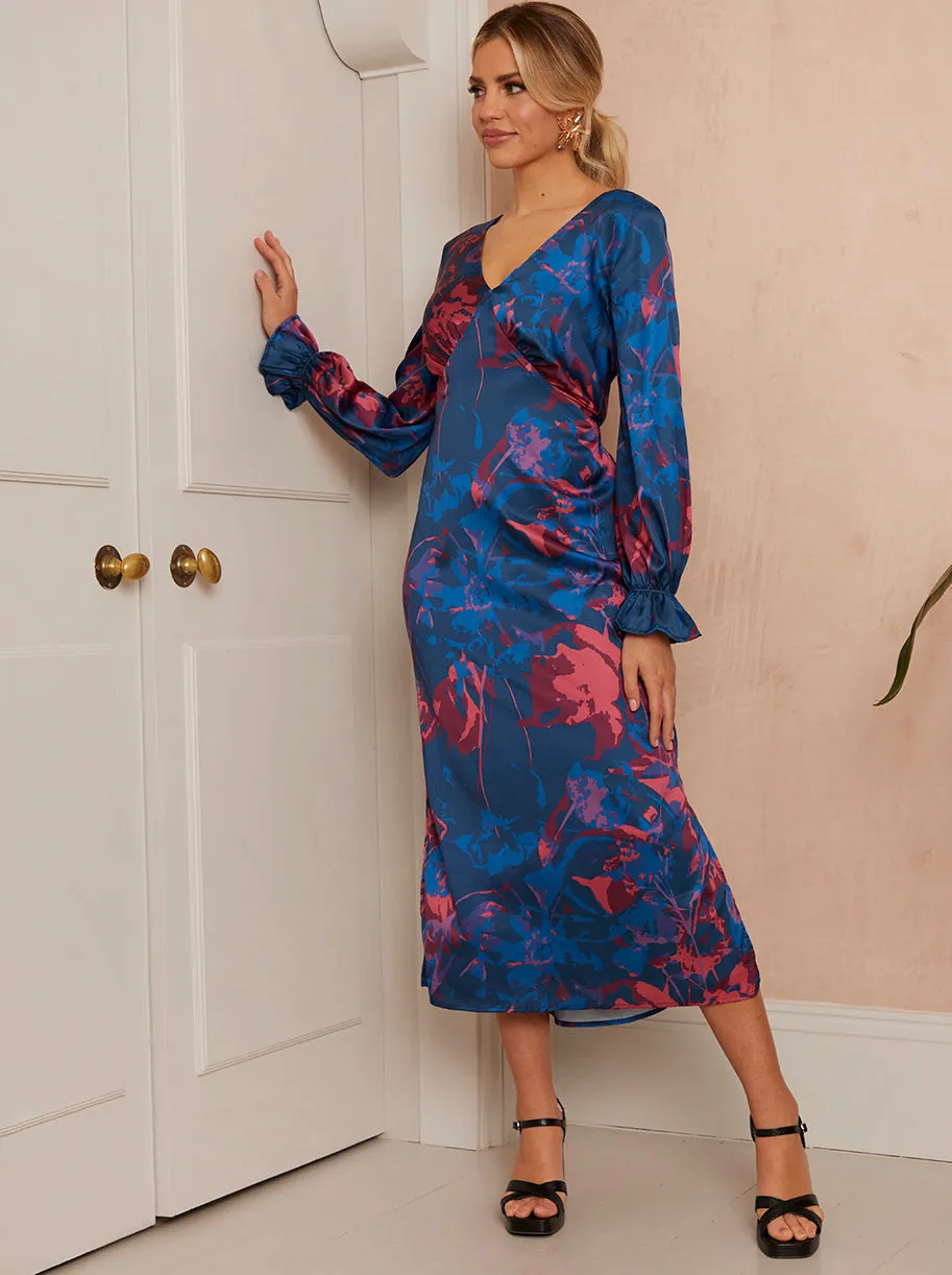 Long Sleeve V Neck Floral Print Dress in Navy sold by Chi Chi London product image thumbnail 3