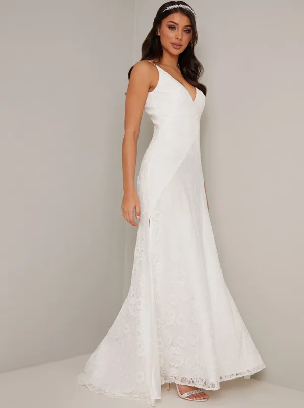 Bridal V Neck Lace Evening Maxi Dress in White sold by Chi Chi London