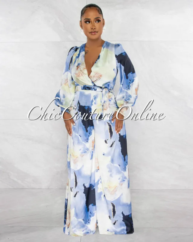 *Farnell Blue Ivory Print Wide Legs Silky Jumpsuit sold by Chic Couture