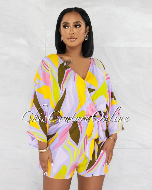 *Bertha Lavender Multi-Color Print Wide Sleeves Romper sold by Chic Couture