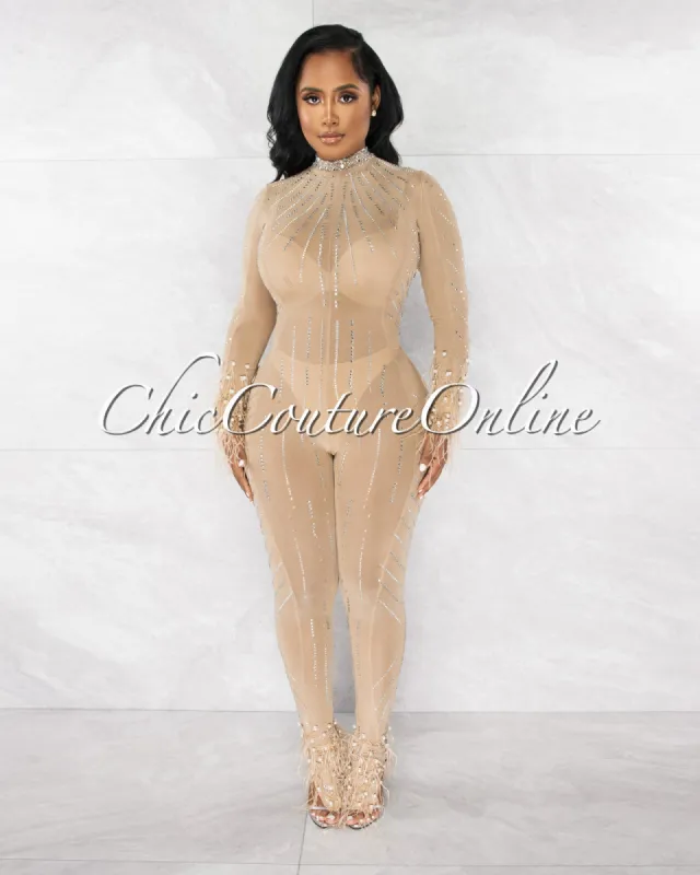 *Fannie Nude Silver Rhinestones Feather & Pearl Mesh Sheer Jumpsuit sold by Chic Couture