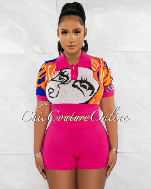 *Keyah Fuchsia Multi-Color Print Crop Top & Shorts Knit Set sold by Chic Couture