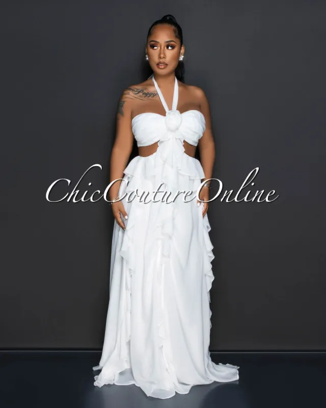 *Caprina Off-White Rose Accent Ruffle Maxi Dress sold by Chic Couture